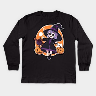 Halloween Holiday with Witchcraft Chibi anime Character Design Kids Long Sleeve T-Shirt